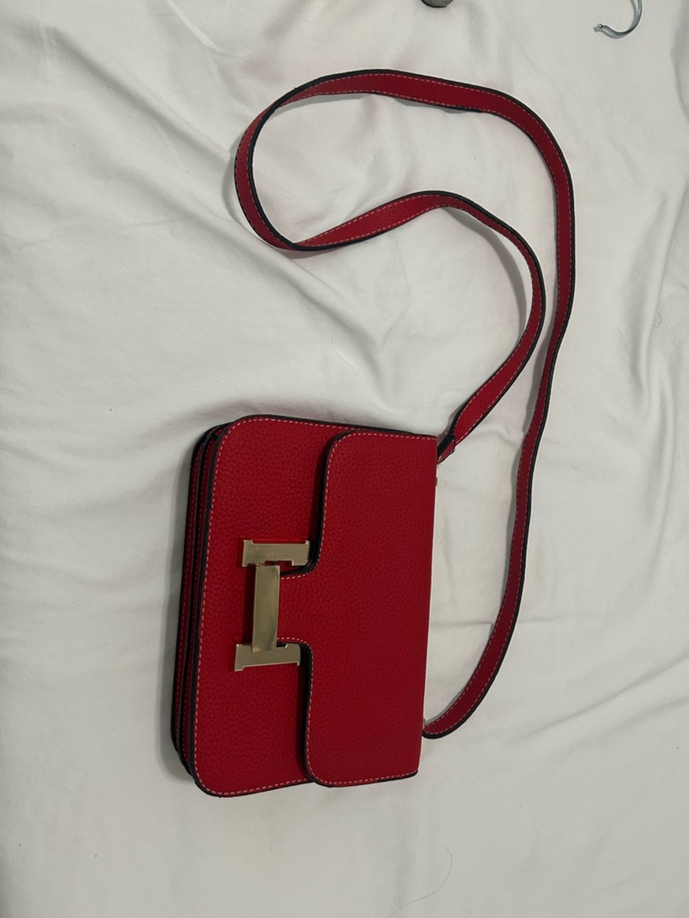 Red Leather Crossbody Shoulder Bag with Gold H-Wrap Closure
